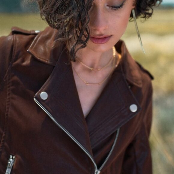 Brown Faux Suede Edgy Belted Hem Biker Jacket - Picture 4 of 5